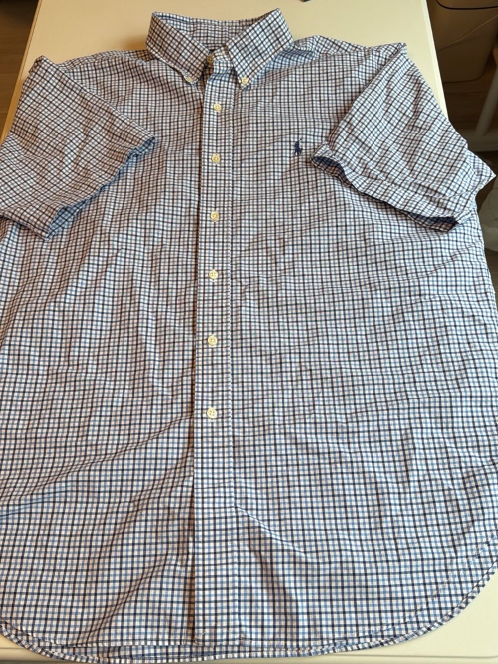 Ralph Lauren Blue and White Checked Short Sleeve Button-Down Shirt